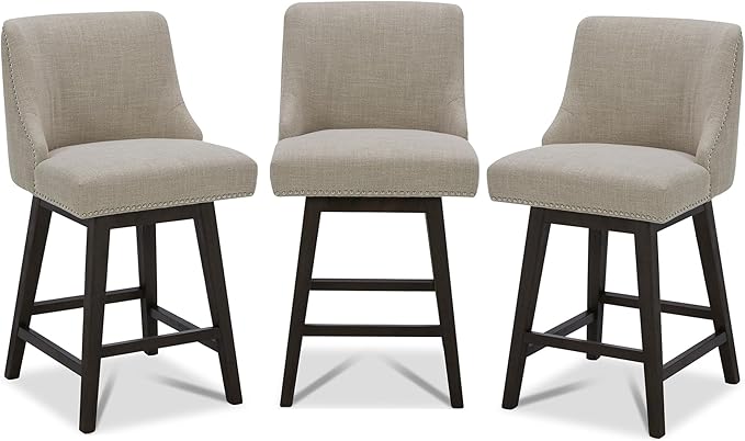 CHITA Counter Height Swivel Bar Stools Set of 3, FSC Certified Upholstered Counter Stools, Modern Swivel Barstools with Wood Legs for Kitchen Island, 26" Seat Height, Fabric in Tan