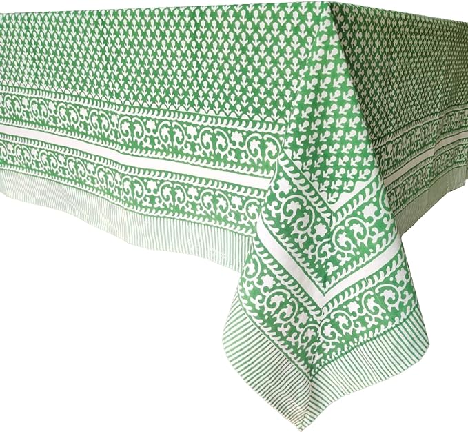 ATOSII Queen Green 100% Cotton Tablecloth, Handblock Print Rectangle Table Cover for Kitchen Dining I Tabletop Linen I Parties, Thanksgiving, Christmas, Wedding, Fall Table Cloth 60 X 90 Inches
