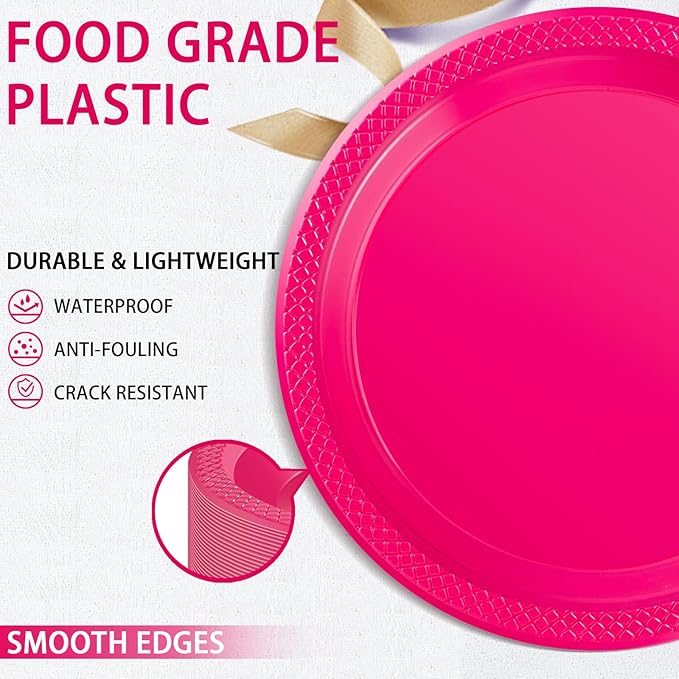 WELLIFE Hot Pink Party Plates 7 Inch -150 Count, Plastic Disposable Dessert Plates for Party Valentine's Day Cake Appetizers Salad Baby Shower Wedding