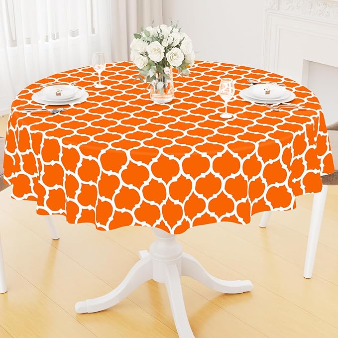 Smiry Round Plastic Table Cloth, Waterproof Vinyl Tablecloth with Flannel Backing for Round Tables, Wipeable & Spillproof for Dining, Camping, Indoor and Outdoor (60" Round, Bright Orange)