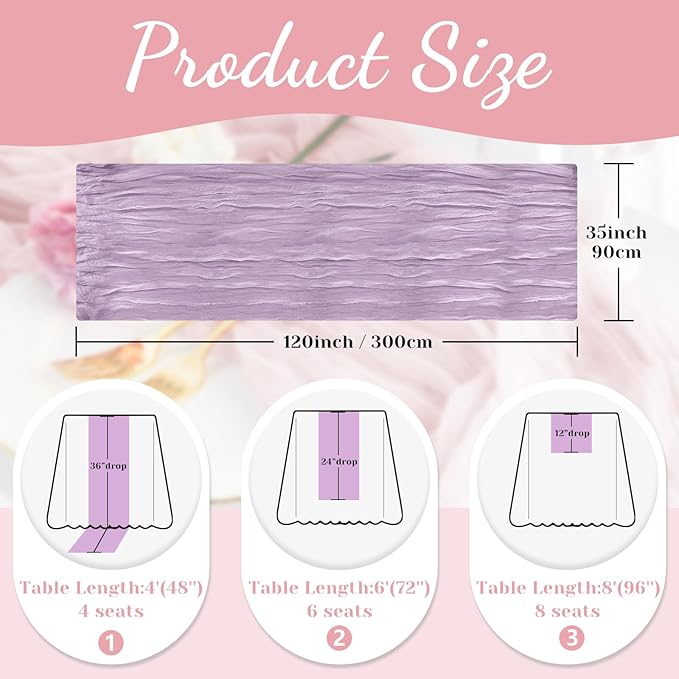 Lilac Table Runner, 10 Ft 120 in Cheesecloth Table Runner, Rustic Spring Table Runners for Wedding, Party, Bridal Shower, Boho Table Runners for Valentines Easter Mardi gras