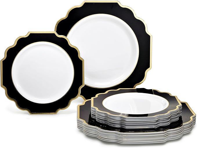 " OCCASIONS " 80 Plates Pack,(40 Guests) Heavyweight Premium Wedding Party Disposable Plastic Plates Set -40 x 10.5'' Dinner + 40 x 8'' Salad/Dessert (Imperial in Black & Gold)