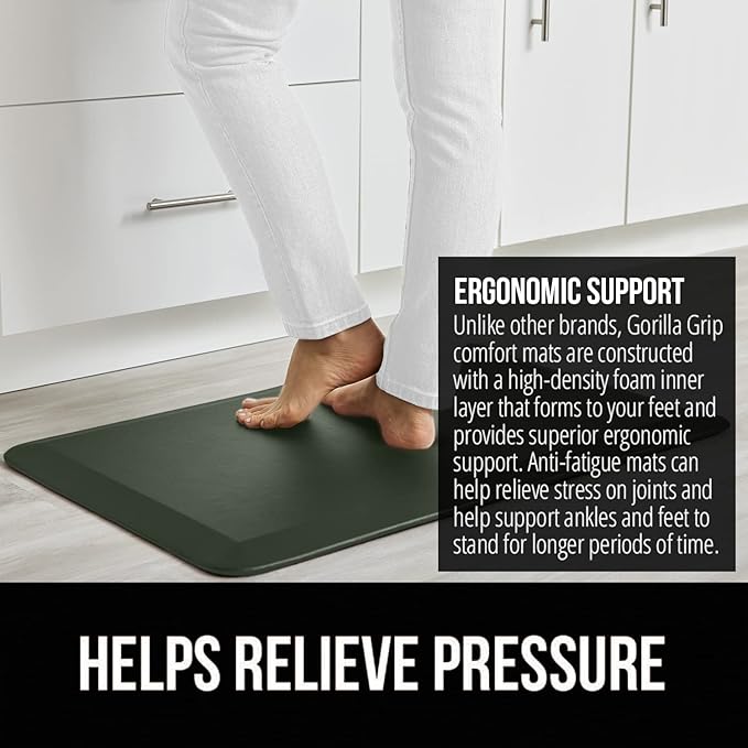 GORILLA GRIP Comfortable Cushioned Kitchen Mats for Floor, Waterproof and Stain Resistant Soft Top, 3/4 Inch Thick Ergonomic Standing Desk Anti Fatigue Mat, Foam Supports Feet, 20x32, Hunter Green