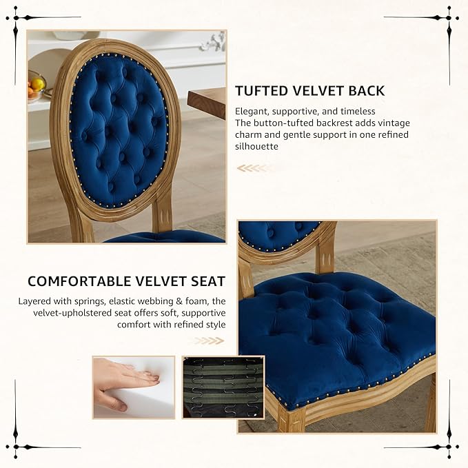 Vintage French Dining Chairs Set of 2, Round Back Velvet Upholstered Accent Chairs with Nailhead Trim and Solid Wood Frame, Elegant Sillas de Comedor for Dining Room & Kitchen, Blue