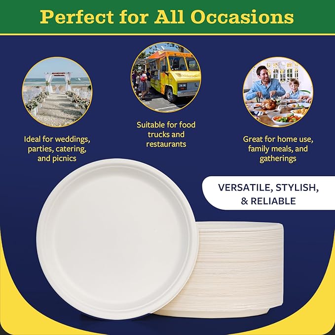 7” Compostable Plates, 125-Pack | Biodegradable Sugarcane | Sturdy, Microwave-Safe Disposable Plates for Parties & Events