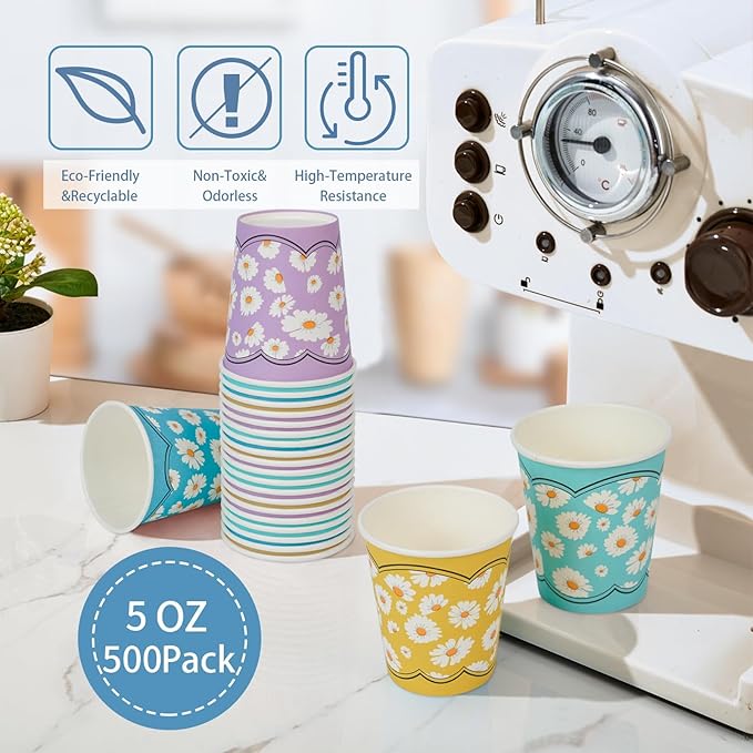 500 Pack 5oz Disposable Paper Cups, Colorful Small Mouthwash Cups, for Party, Picnics, Barbecues, Travel and Events, Daisy