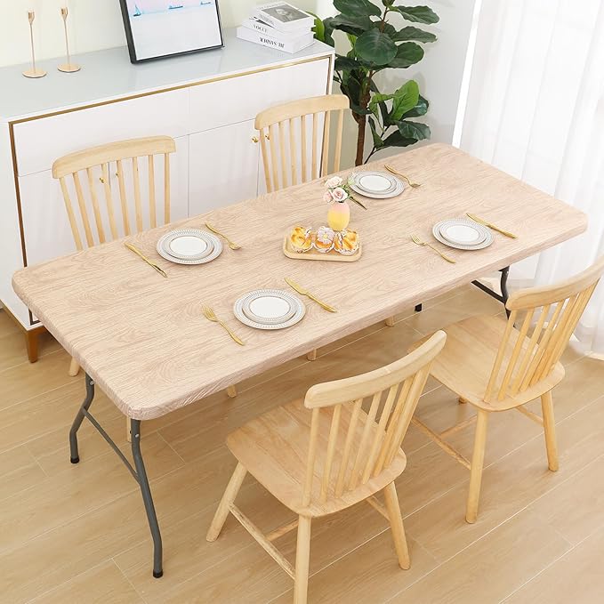 Smiry Rectangle Table Cloth Cover, Waterproof Elastic Fitted Picnic Tablecloth for 4 Foot Tables, Wipeable Flannel Backed Vinyl Tablecloths for Camping, Dining, Outdoor (Beige Wood, 24" x 48")