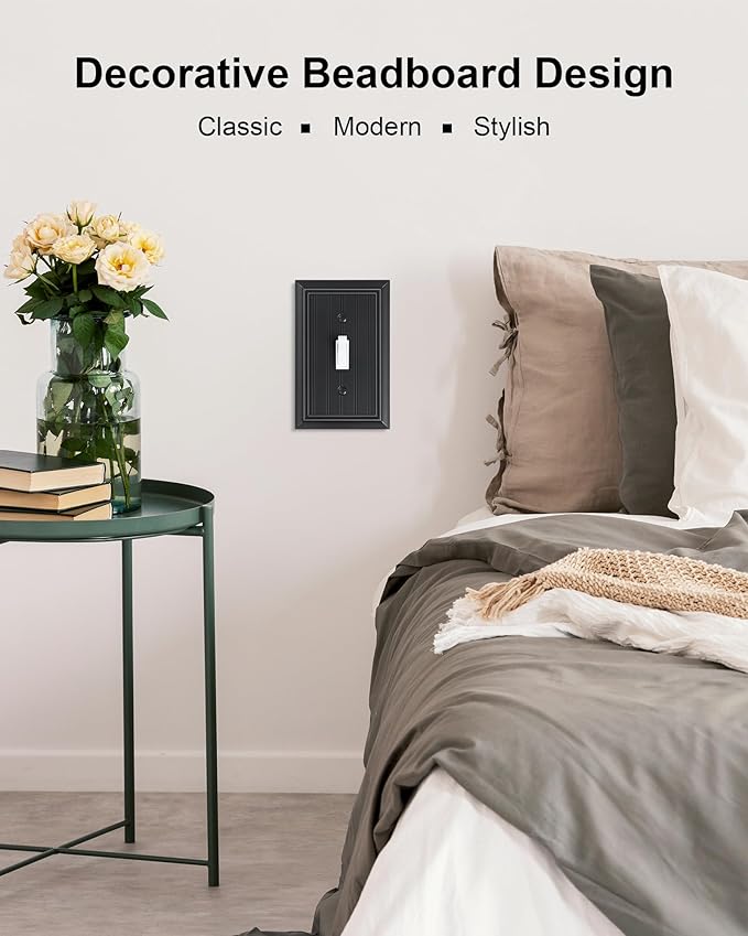 6-Pack Classic Beadboard Single Toggle Light Switch Cover Plate, Durable Natural Bamboo Fiber Decorative Switch Plate Covers, Matte Black 1 Gang Wall Plate