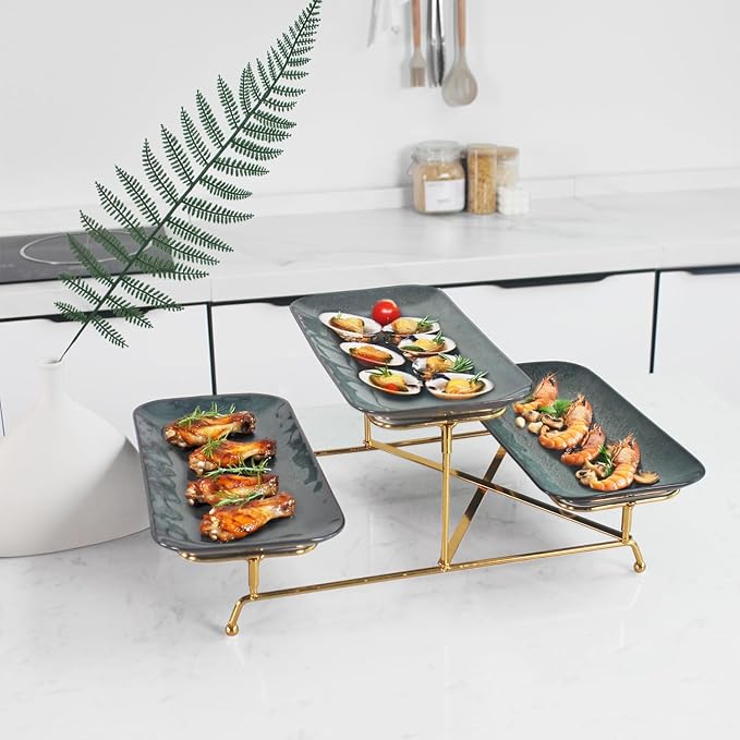 3 Tier Serving Trays for Party, 12.7 Inch Porcelain Serving Platters and Tiered Trays, Foldable Sturdy Gold Stand, for Food Display, Fruit, Cake Dessert, Decoration Entertaining, Dark Blue