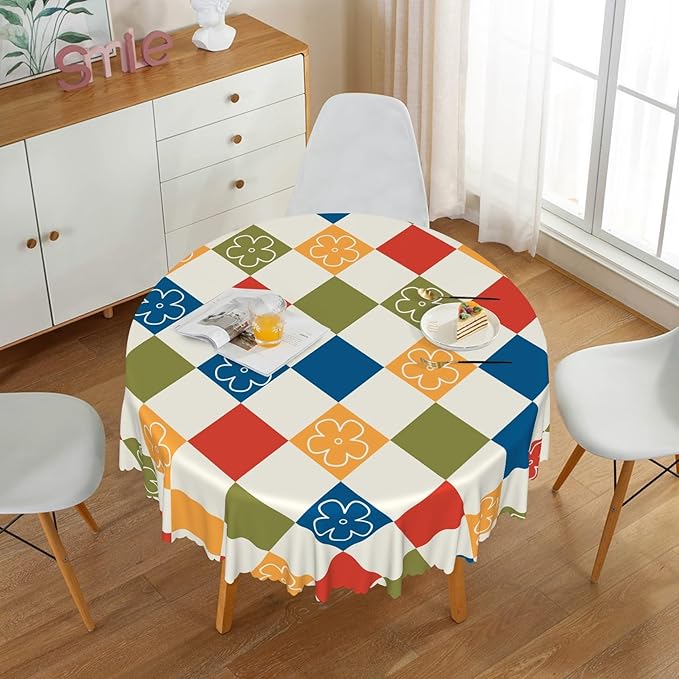 Laeacco 60 Inch Plaid Round Tablecloth Colorful Buffalo Plaid Flower Modern Geometric Abstract Art Print Table Cloth Washable Waterproof Wrinkle Free Table Cover for Kitchen Dining Picnic Party Decor