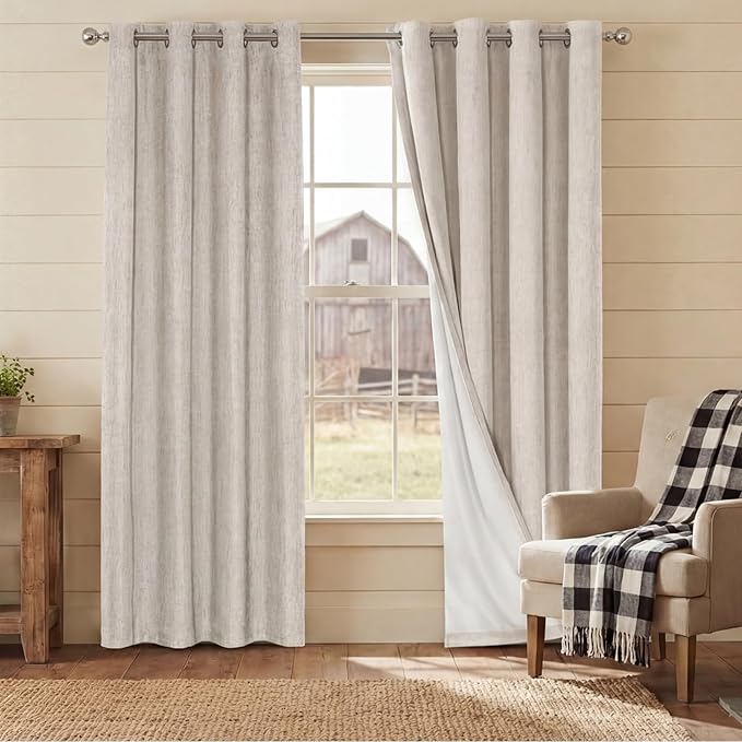 PrinceDeco Linen 100% Blackout Curtains for Bedroom/Living Room Natural Colored Drapes Extra Long Curtains 102 Inch Long for Thermal Insulated Window Curtain Panels Linen Look Fabric with White Liner