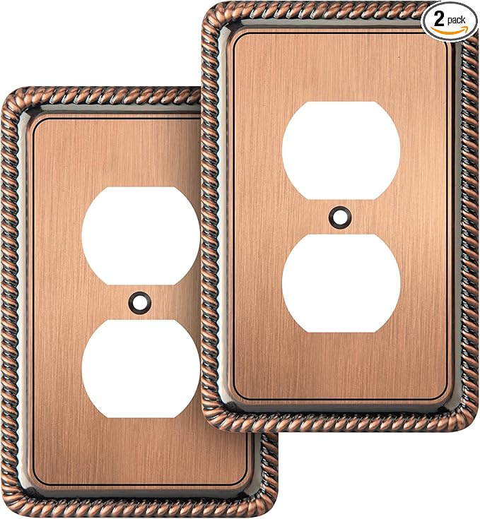 Henne Bery Rope Edge Decorative Wall Plate Switch Plate Outlet Cover (Single Duplex, 2 Pack, Antique Copper)