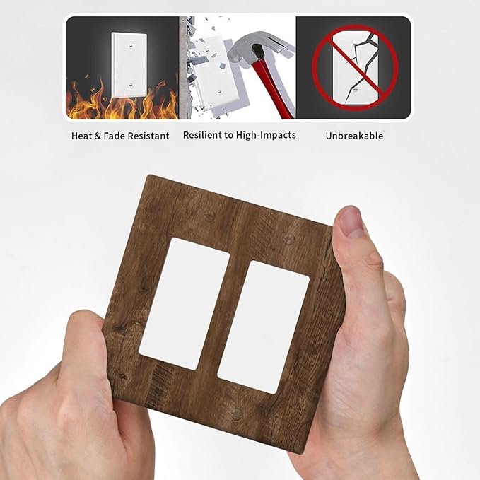 Outlet Covers Brown Rustic Wood Grain Farmhouse 2 Gang Light Switch Cover Double Rocker Wall Plate Decorative GFCI Receptacle Electrical Switchplate for Cabin Bedroom Decor（2 Pack）