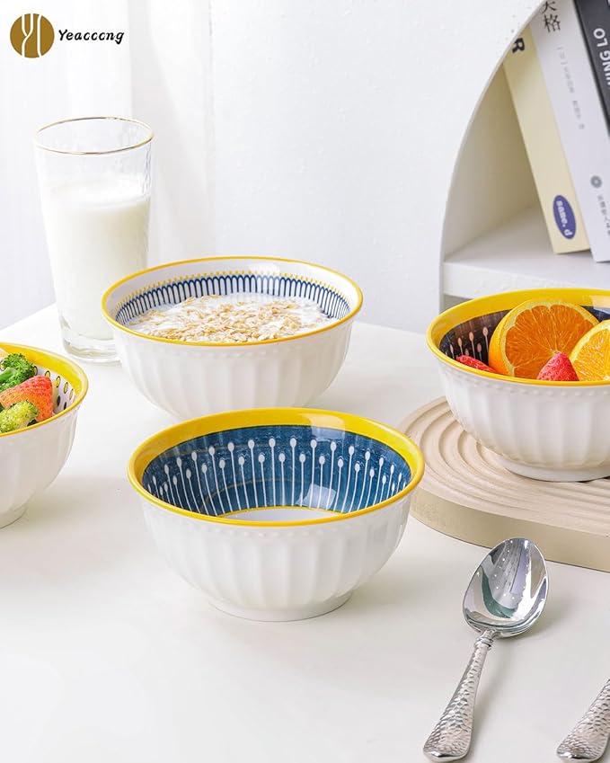 Yeacccng Cereal Bowls Set of 4, 27 Oz Colorful Cereal Bowls, 6.14 Inch Ceramic Soup Bowls for Soup, Cereal, Oatmeal, Fruit, Pasta, Scratch-Resistant, Lead-Free, Dishwasher & Microwave Safe