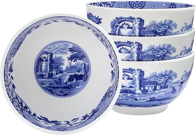 Spode Blue Italian Dip Bowl Set of 4-4-Inch Porcelain Bowls with Oriental Design, Dishwasher & Microwave Safe Tableware for Dip, Side, Appetizers, Dessert - Blue & White Dinnerware