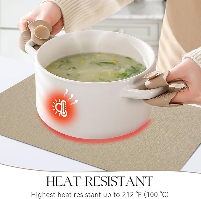 MOSAYT Vinyl Placemats Set of 8, Heat Resistant Place Mats 100% Waterproof Washable & Wipeable Faux Leather Reversible Table Mats for Kitchen Dining Party Indoor Outdoor, 12" x 17", Black/Khaki