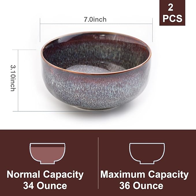 Serving Bowls - 36 Ounce Bowls Set - Ceramic Bowl Set of 2-7 inch Salad Bowls - Soup Bowls - Cereal Bowls for Kitchen