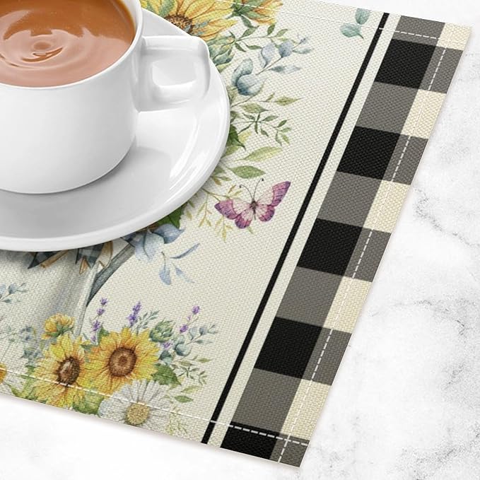 Vintage Sunflower Theme Placemat Set, Rustic Farmhouse Vivid Lavender Floral Butterflly Black White Check Pattern Home Decor Linen Table Mats for Dining Room Kitchen Party (17x12in) x6P