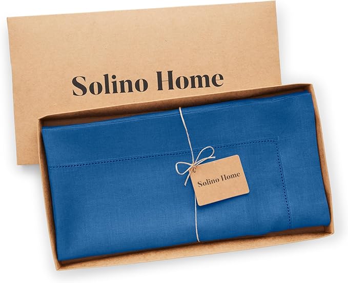 Solino Home Linen Square Tablecloth 52 x 52 Inch - 100% Pure Linen Indigo Blue Table Throw - Classic Hemstitch, Machine Washable Table Cloth for Spring, Easter