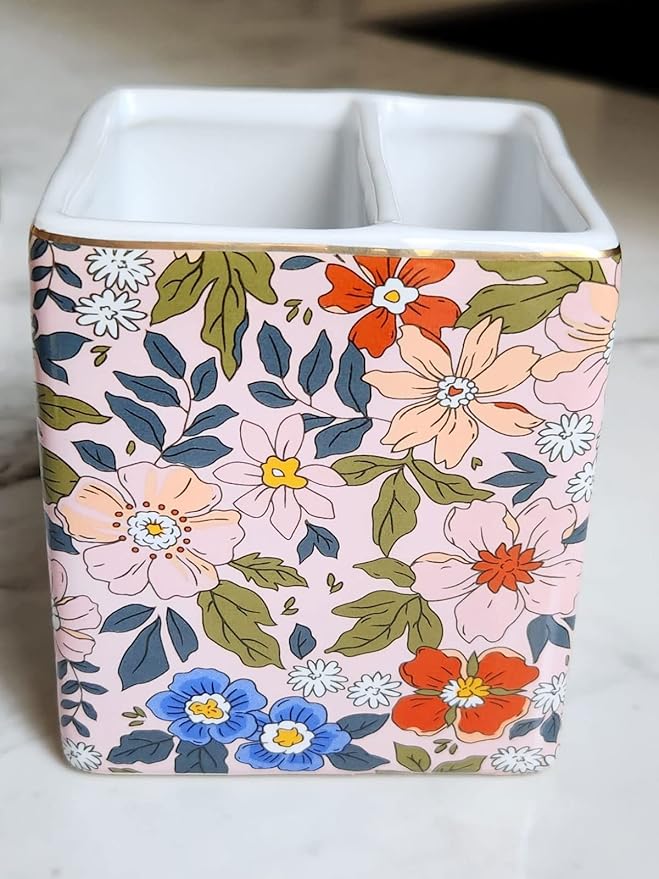 Pen Pencil Holder, Makeup Brush Holder,Ceramic Remote Control Holders Organizer with 2 Compartment Floral Multi-functional Office Organizers Storage Caddy Desk Tv Remote Holders Pink Flowers