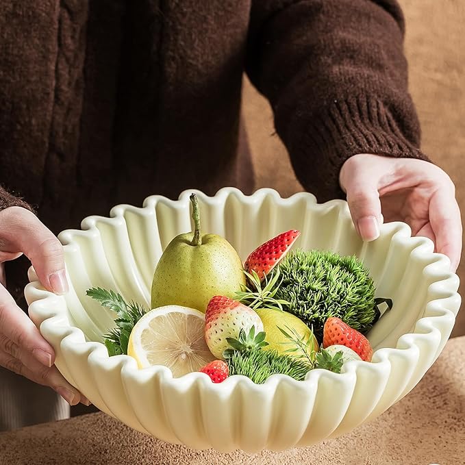 Large Decorative Bowl, Beige Ceramic Fruit Bowl for Kitchen Counter, Key Bowls for Entryway Table, Modern Coffee Table Home Decor, Scalloped Handmade Artwork