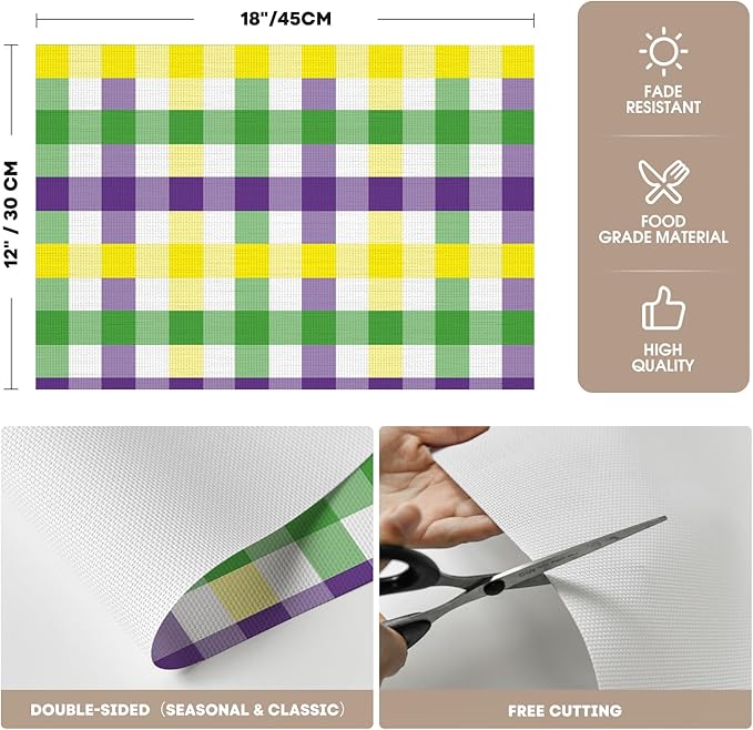 Artoid Mode Buffalo Plaid Vinyl Placemats Set of 4, 12x18 Inch Washable Non-Slip Heat Resistant Plastic Place Mats for Party Dining Table, Purple/Yellow