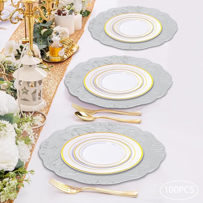 Charger Plates, 100pcs Silver 13inch Plastic Dinner Plate, Round Plastic Dinner Plate with Delicate Texture for Parties Wedding (Silver)