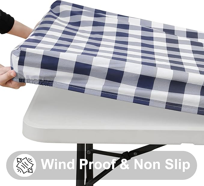 Smiry Rectangle Picnic Table Cloth, Elastic Waterproof Fitted Vinyl Tablecloths, Flannel Backed Buffalo Plaid Table Covers for Dining, Camping, Outdoor (White and Navy, 30" x 60")
