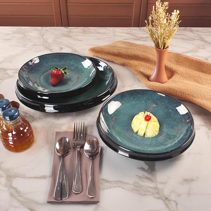 Ceramic Pasta Bowls, Set of 4, Reactive Glaze Pasta Bowls, Large, Wide Bowls for Salads, Desserts, and Fruit, Microwave-, Dishwasher-, and Oven-Safe