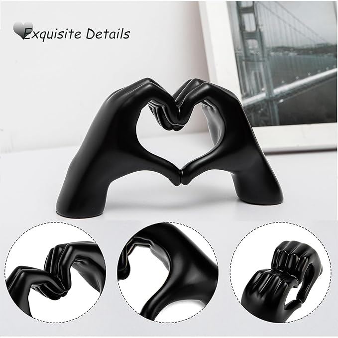 FANTESTICRYAN Small Heart Hands Statues Hand Love Sculpture Cute Decorative Home Decor Ornaments for Living Room, Wedding, Office Desktop, Cabinets, Bookshelf (Small Black)