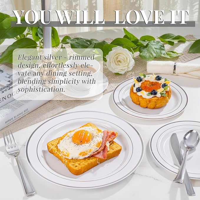350Piece Silver Plastic Dinnerware Set for 50 Guests - Silver Plastic Plates with Cutlery Include:50Dinner Plates-50Dessert Plates-50Pre Rolled Napkins with Silverware Valentine's Day