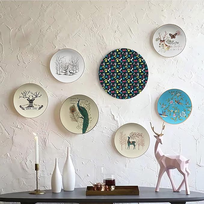 Ceramic Display Plate, Dog Lover Ceramic Hanging Decorative Plate, Cool Canine Elements Paw Marks and Bones, 8 Inch, Household Custom Ceramic Plate, Multicolor