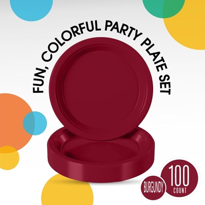 Burgundy Plastic Plates For Party 9" Burgundy Disposable Plates Heavy Duty 100 Pcs Plastic Dinnerware Sets Heavy Duty 350 GSM Disposable Dinnerware Set