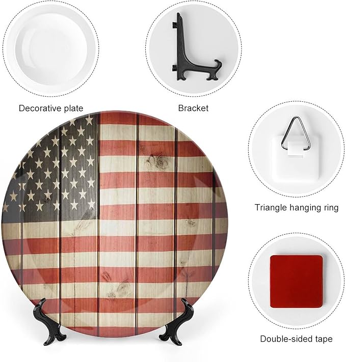 Decorative Plates, American Flag Decor Print Ornament, USA Flag Over Vertical Striped Wooden Board, 7 Inch, 1 Plate with 1 Display Stand, Blue Red