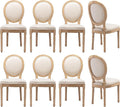Vintage French Dining Chairs Set of 8, Round Back Accent Chairs with Linen Seat and Solid Wood Frame, Farmhouse Sillas de Comedor Upholstered for Dining Room & Kitchen, Beige
