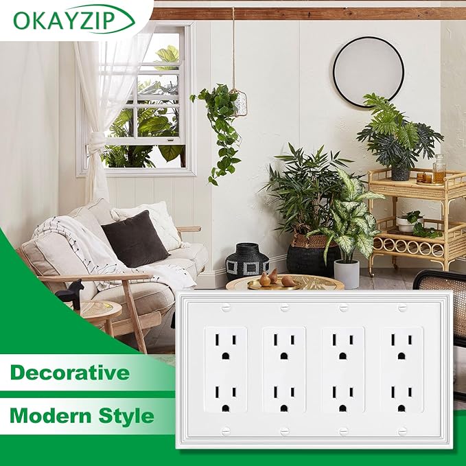 White Decorative Quad Decorator Wall Plate, Natural Material Rocker Switch Plates Outlet Covers for Receptacle, GFCI Outlet, Dimmer Switch - Modern Style (4 Gang Decorator 1 Pack)