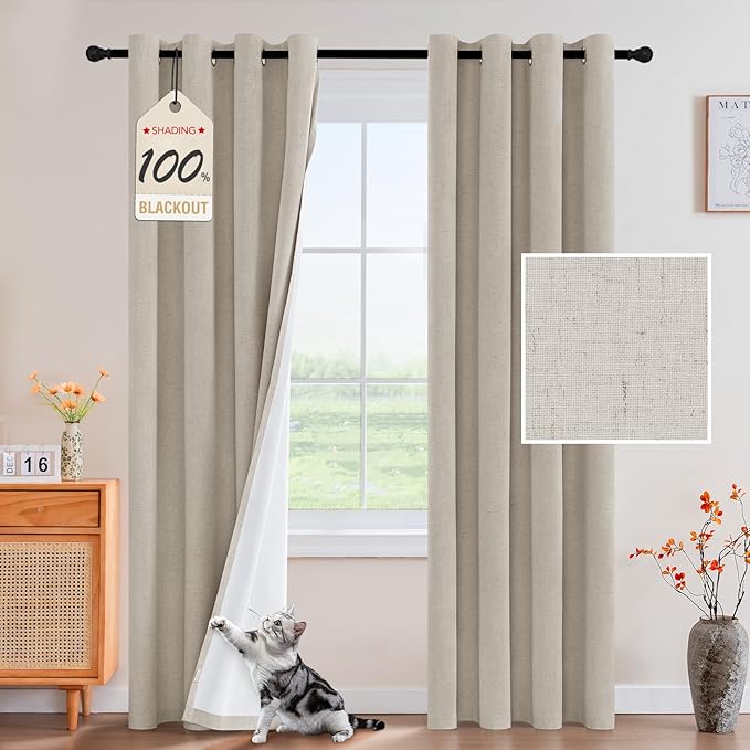 PrinceDeco 100% Blackout Linen Curtains 96 Inch Long Nature Burlap Fabric Black Out Curtains for Nursery,Heat & Light Blocking 2 Panels Set Grommet Window Drapes,Heathered Linen