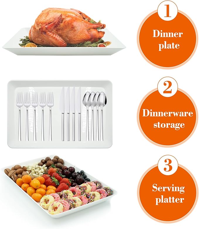 Serving Tray Platter, 6 Pcs Food Tray for Veggie Fruit Snack Dessert Cookie Cheese, Food Trays for Party Supplies Display, Plastic Platters for Serving Food, Large White Trays, BPA Free