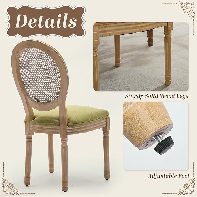 SoarFlash French Dining Chairs Set of 6, Vantage Dining Chair with Round Back, Wood Leg Farmhouse Country Rattan Dining Chair for Kitchen,Bedroom,Olive Green