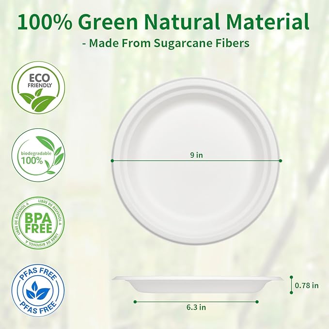 Aricsen 50 Pack 9 Inch Compostable Disposable Round Paper Plates, Natural White Biodegradable Sugarcane Bagasse PFAS-Free Eco-Friendly Dinner Plates for Party Wedding Picnic BBQ (50, 9 INCH)