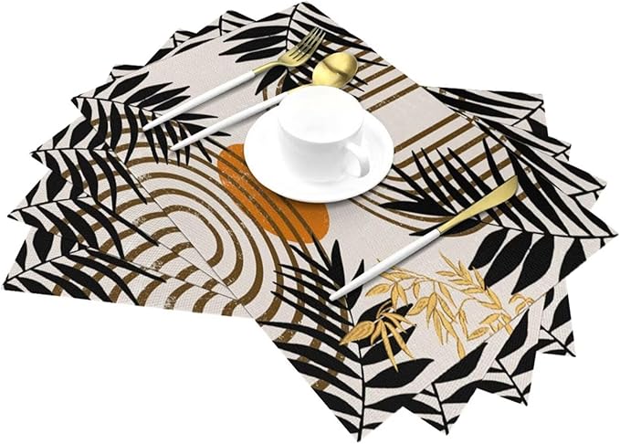 Vintage Mid Century Boho Placemats for Abstract Sun Bamboo Aesthetic Arch Curve Leaves Geometric Washable Place Mats 12x18Inch for Dining Kitchen Farmhouse Decor 4 PCS