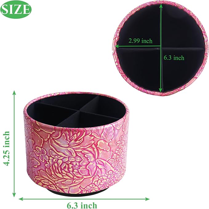 Round Leather Art Supply Organizer,Remote Control Holder,360 Degree Spinning,Multi-Functional Pencil Holder,4 Compartments Desktop Stationary Organizer(1-Rich Flower Pink)
