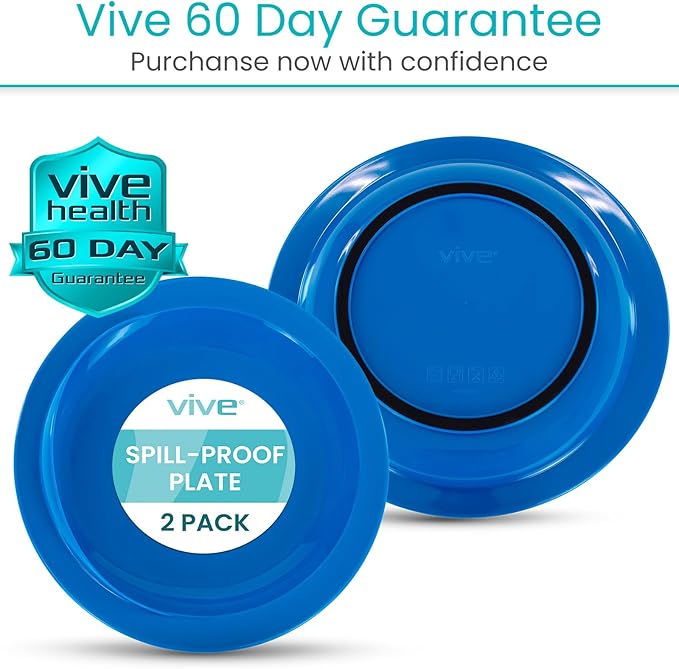 Vive Spill-Proof Scoop Plate, 9" (2 Pack) - Dish with Wall for Disabled, Handicapped, Elderly Adults with Special Needs from Parkinsons, Dementia, Stroke, Tremors with - Non Skid Padded Bottom