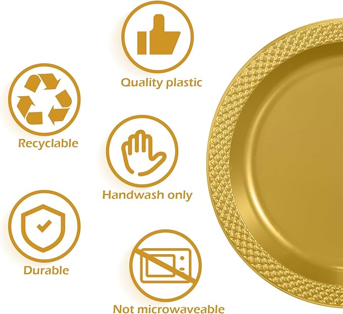 Zopeal 200 Pcs Gold Plastic Dessert Plates 6 Inch Round Gold Disposable Plates Heavy Duty Wedding Dinner Tableware for Birthday Party Dinner Picnic Salad, Appetizer Party Supplies