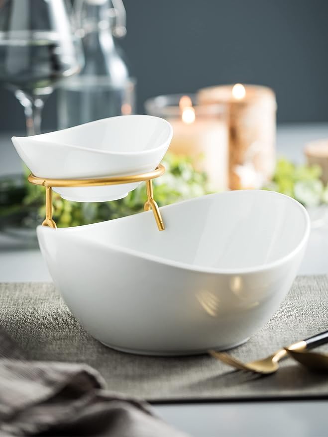 Porcelain Serving Bowl Set for Appetizer Serving Dishes Set with 2 Compartment, Chip and Dip Taco Rack Display Salad Bar Serving Set, Gold Stand