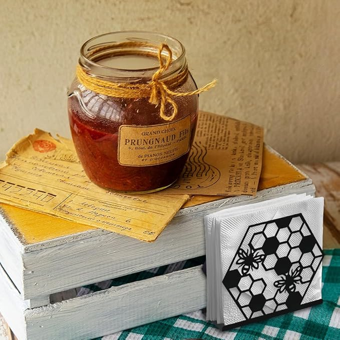 Honeycomb Bee Decorative Black Metal Napkin Holder for Table, 5.3" x 4.7" x 2" Insect Animal Standing Napkin Holder for Home Kitchen Restaurant Picnic Party Coffee Bar Dining Room