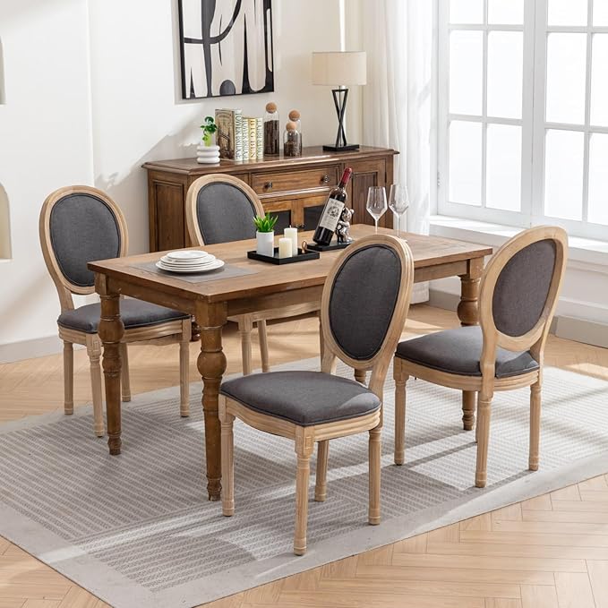 Vintage French Dining Chairs Set of 2, Round Back Accent Chairs with Linen Seat and Solid Wood Frame, Farmhouse Sillas de Comedor Upholstered for Dining Room & Kitchen, Gray