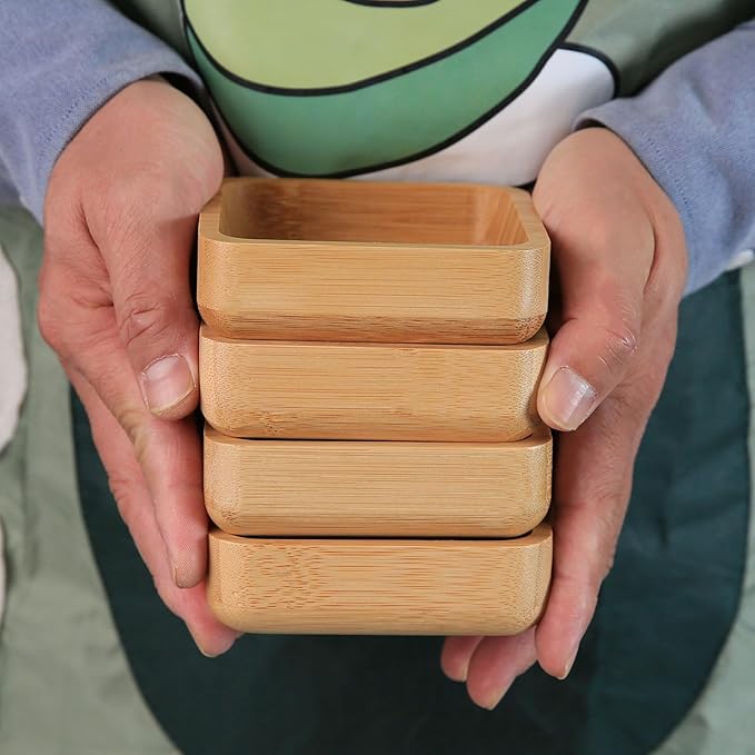 Bamboo Wooden Bowls Set, 4-inch Square Snack Bowls for Appetizers, Dips, Nuts Desserts and More, Small Reusable Wooden Serving Bowl for Dinner Party and Entertaining, Eco Friendly (4 Pcs)