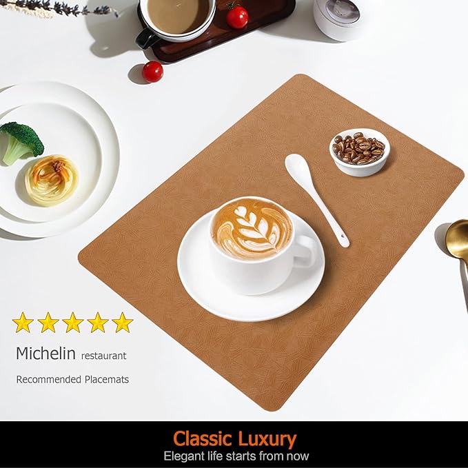 Vinyl Placemats Set of 4 Faux Leather 100% Waterproof Wipeable Washable Place Mats Heat Resistant Easy Clean Non-Slip Table Mats for Indoor Outdoor. (4, Brown)