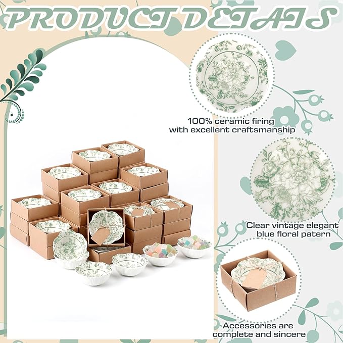 24 Pcs Wedding Favors for Guests Small Ceramic Bowl Bulk Gifts Set 3.3 Inch Floral Design Mini Dipping Sauce Dish with Card Box for Bridal Pooja Baby Shower Birthday Guest Gift (Sage Green)